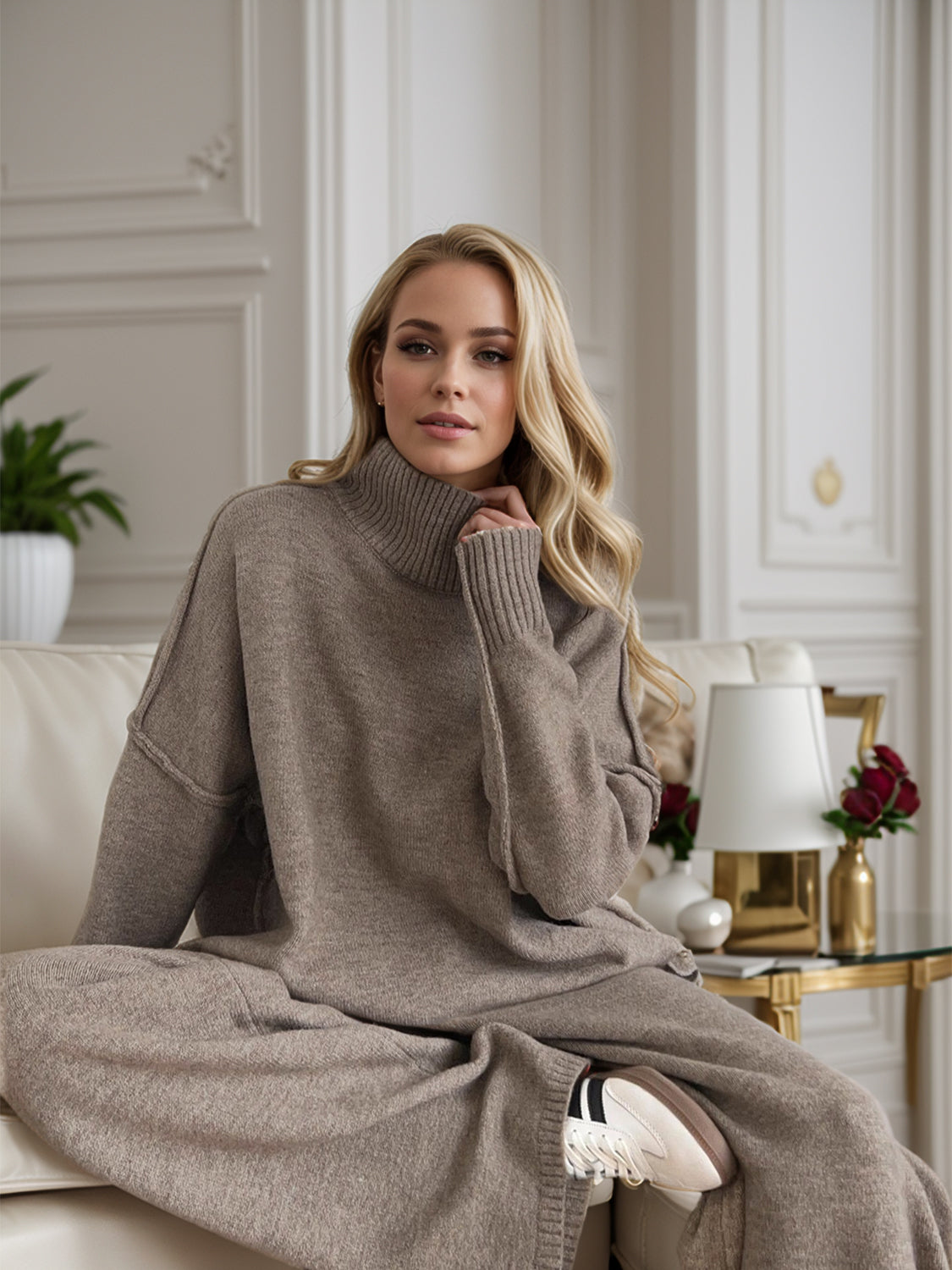 Anne Turtleneck Long Sleeve Top and Pants Sweater Set