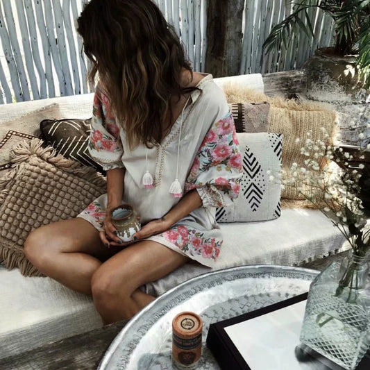 Floral Print Sleeve Beach Long Bohemian Linen Cotton Mini Dress